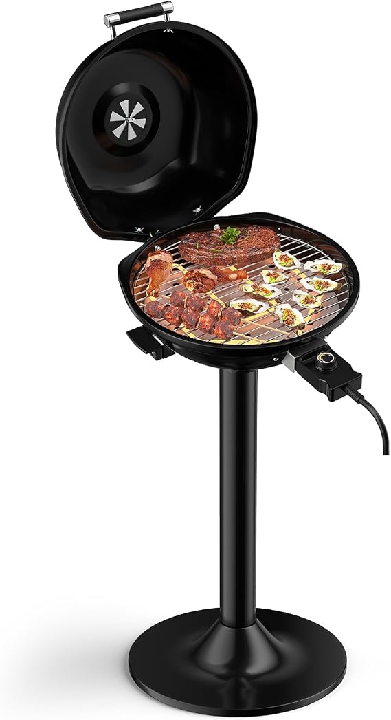 1600W Electric Grill Outdoor, 15-Serving Freestanding Camping Grill w/Removable Non-Stick Grilling Rack, Oil Drip Tray, Temperature Adjustable, Portable BBQ Grill for Patio, Backyard (Black)