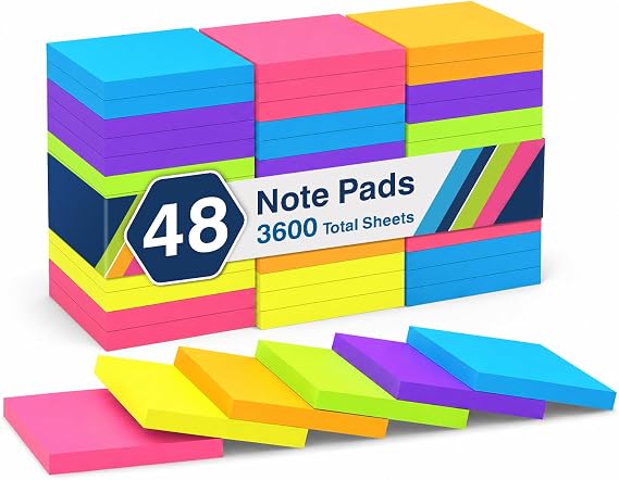 (3600 Sheets) Sticky Notes 3x3 Inch, 48 Pads, 75 Sheets/Pad, 6 Colors | Bright Color Variety, Self-Stick Design, Smooth Writing Surface, Clean Removal, Ideal for Office, Classroom, School and Home