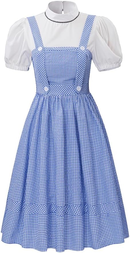 Willyacos Adult Farm Girl Costume Women Two Piece Blue Gingham Dress Fairytale Plaid Halloween Outfit
