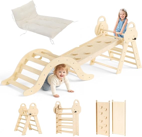 7 in 1 Foldable Montessori Climbing Frame, Wooden Toddler Play Gym with Adjustable Slide, Climbing Arch & Washable Cushion, Non Slip Indoor Play Equipment Max 50KG for Kids 1-3 Years