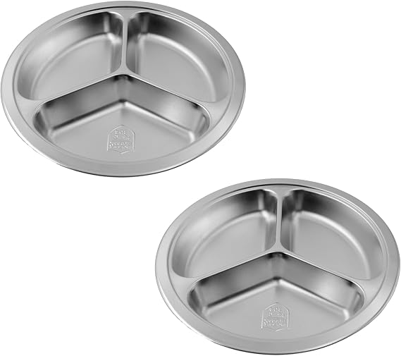 Round Divided Plate,304 Stainless Steel Plates, Round Dinner Plates,Divided Plates Tray for Adults,Kids,Picky Eaters, Campers,Portion Control,Outdoor Hiking Picnic BBQ Beach