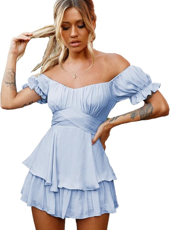 Women's Boho Romper Off Shoulder Ruffle Chiffon Shorts Jumpsuit Playsuits