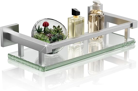 Alise Glass Shelf for Bathroom 12 Inch, Brushed Nickel Floating Glass Shelf