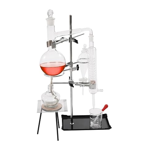 Glass Distillation Apparatus Kit, 500ml Chemistry Glass Steam Distillation Apparatus, Lab Glassware Kit with Thickened Flask Serpentine Condenser, for Pure Dew, Distilled Water & Oil Extraction