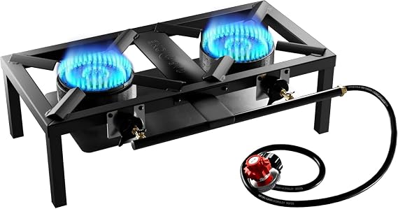 GasOne High Pressure Double Propane Burner - Outdoor Cooking with Heat Shield and Guard Propane Burner Head for Camping, Tailgating, Seafood Boil, Home Brewing - Patent Pending