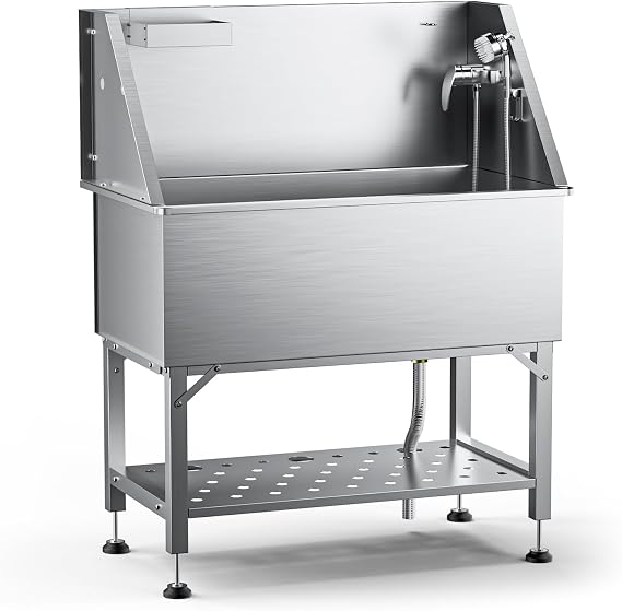 36 Dog Washing Station, Heavy-Duty Elevated Pet Grooming Station w/Shampoo Racks & Easy-Drain Hose, Up to 440 lbs, Stainless Steel Dog Bathing Tub for Indoor/Outdoor Use
