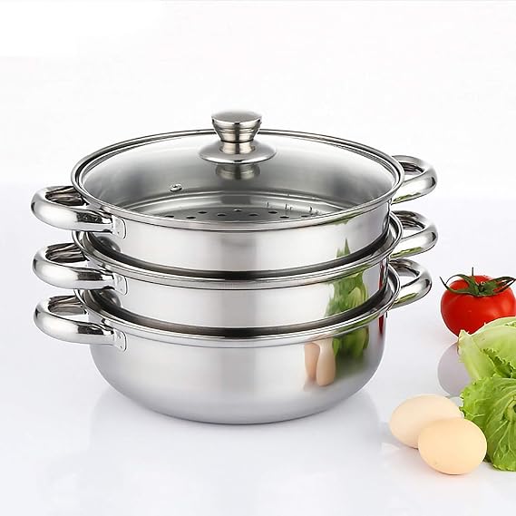 3 Tier Steamer with Glass Lid Stainless Steel Cooking Pot