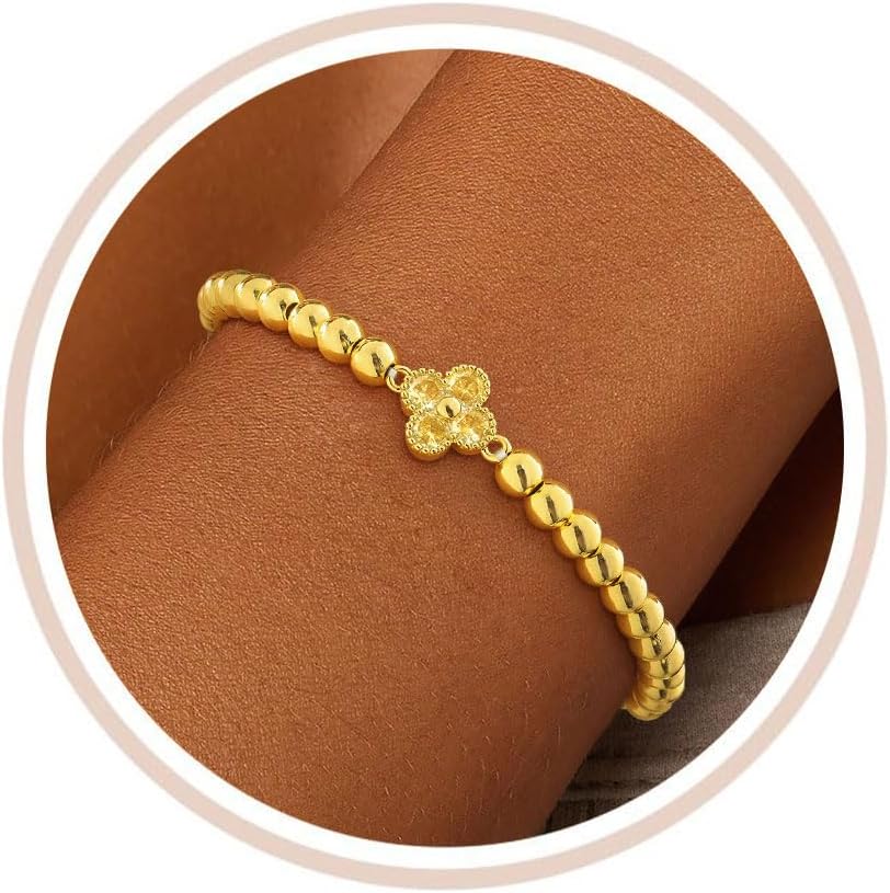 Beads Bracelet Women's Gold 18 Carat Gold-Plated Clover Birthstone Bracelets with Zirconia Amethyst Aquamarine Bracelet Elastic Waterproof Golden Jewellery Gift for Women Girlfriend Girls