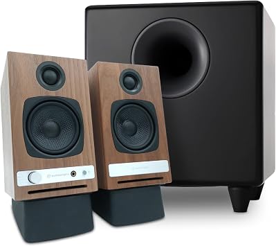 Audioengine A2 HD HD3 Walnut Home Music System with S8 Black Subwoofer and DS1 Stands