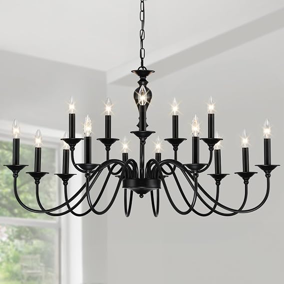 15 Light Black Farmhouse Chandelier, Large Chandeliers for Dining Room 43" | Chandelier Light Fixture Over Table, Industrial Candle Hanging Lighting for Living Room Kitchen Foyer Staircase Hallway