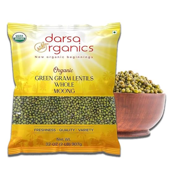 Darsa Organics Whole Green Moong (Mung) Bean Lentils 2 lb USDA Organic, Non-GMO, Kosher, Gluten-Free | Protein & Fiber Rich | Perfect for Sprouting, Soups & Salads