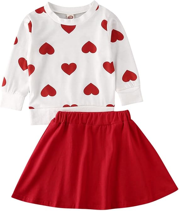 Kayotuas Toddler Girl Valentines Outfit Love Heart Sweatshirt Long Sleeve Shirt and Red Skirts Set Cute Winter Spring Clothes