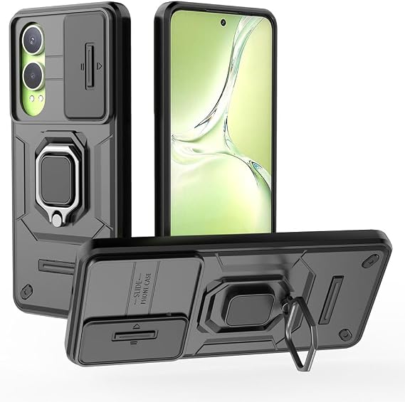 SEAHAI Case for OnePlus Nord CE 4 Lite 5G, Ultra-thin Protective Silicone TPU Shockproof Hybrid Hard PC Back Phone Cover, with Slide Camera Cover and Ring Kickstand, Black