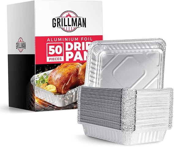 Grillman Aluminum Foil Drip Pans (50 Pack) - Disposable Aluminum Foil Grease Trays for Gas Grill, 8.5" x 6" - Compatible for Weber Spirit, Genesis, Q Series Grills