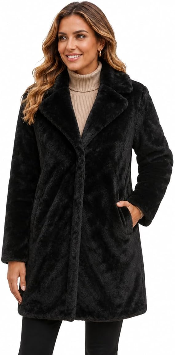 URBAN REPUBLIC Womens Long Faux Fur Coat - Lapel Collared Fur Coats for Women Winter Fuzzy Jackets with Pockets (Sizes: S-XL)