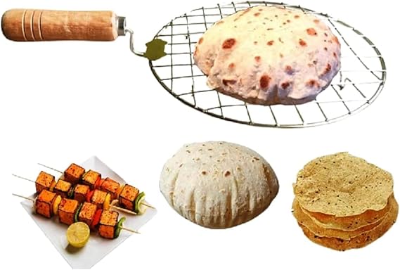 Steel Roasting Roti Jali Wooden Handle with Tong and Pincer Set Roaster,Cooking Rack,Papad Grill,Chapati Grill,Roaster,Food Tong (Round Jali with Wooden Handle)