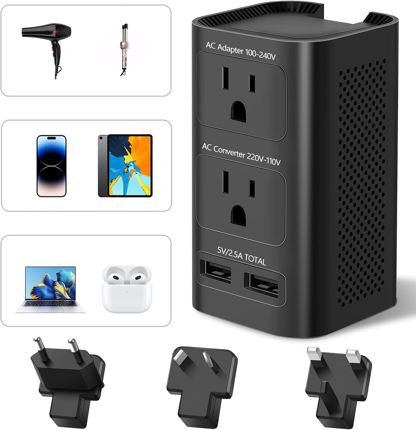 2000W 220V to 110V Converter, US to Europe Voltage Converter, 3 Outlets, Type C Plug, Black