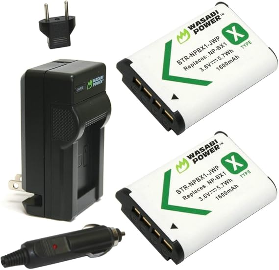 Wasabi Power NP-BX1 Battery (2-Pack) and Charger for Sony NP-BX1/M8, Cyber-Shot DSC-HX80, HX90V, HX95, HX99, HX350, RX1, RX1R II, RX100 (II/III/IV/V/VA/VI/VII), FDR-X3000, HDR-AS50, AS300, ZV-1, etc., black (KIT-BTR-NPBX1-LCH-NPBX1-01)