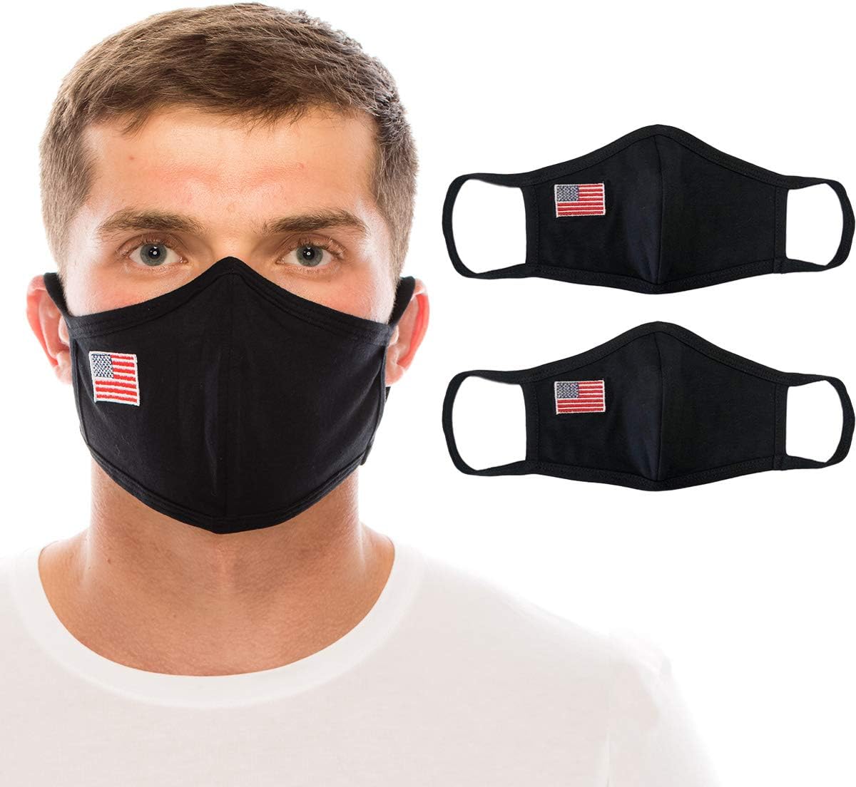 Cloth Face Covering with American Flag embroidered on the side and Filter Pockets, 2 Pack, Washable and Reusable. Unisex- Adult Size