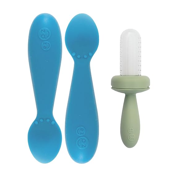ezpz Baby Feeding Bundle Tiny Spoon (2-Pack, Blue) + Gumline Feeder (Sage) 100% Silicone Baby-Led Weaning Set for 46+ Months Infant Feeding Essentials