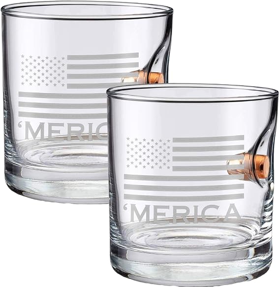 BenShot 'Merica Rocks Glass with Real 0.45ACP Bullet - 11oz | Made in the USA [Set of 2]