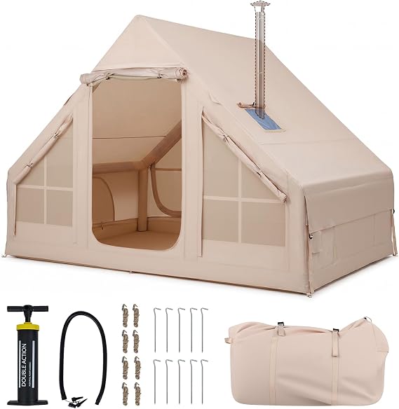 TANGZON Inflatable Camping Tent with Stove Jack, 4 Season Blow Up Tent with Pump, AC Port, Mesh Windows & Carry Bag, Waterproof Air Tent for 4 Person Glamping, Hiking & Outdoor Camping