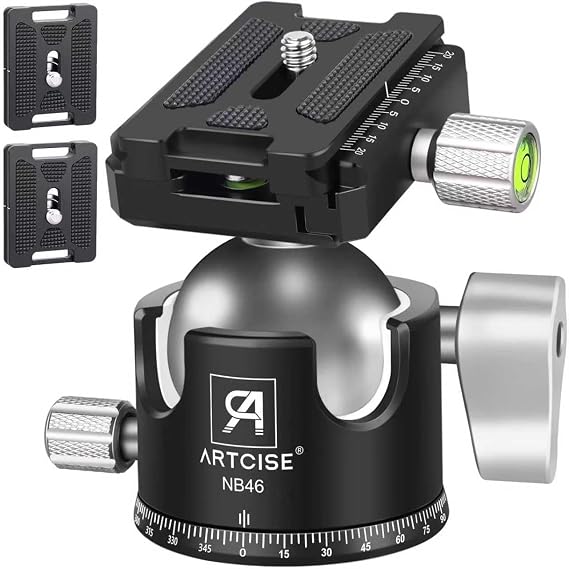 ARTCISE Tripod Ball Head Low Profile Tripod Head All Metal Camera Tripod Head 44lbs/20kg Load with Three Arca Swiss Quick Release Plate for Tripod, Monopod, DSLR, Camera