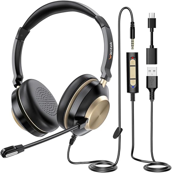 Wantek USB Computer Headset with Clear Chat Microphone, Lightweight On Ear Wired Headset for MS Teams,Skype,Webinars,Call Center and More