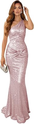 One Shoulder Sequin Prom Dresses for Women 2026 Sparkly Pleated Mermaid Formal Party Gown KJ55