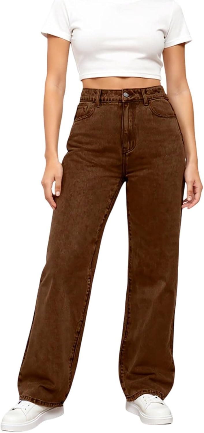 Wide Leg Jeans Woman Stretchy Cute Y2k Elastic Waist Jeans with Pockets Loose Dressy Casual Denim Pants Long Trousers