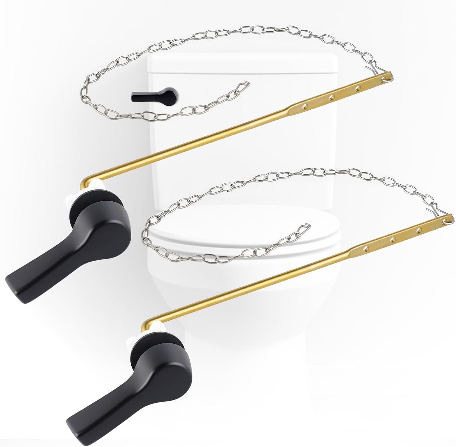 iFealClear 2 Pack Universal Metal Toilet Tank Flush Lever Replacement, Front Mount Handle Toilet Tank Trip Lever with 2 Pieces Stainless Steel Flapper Chains, Easy Install, Solid Brass, Matte Black