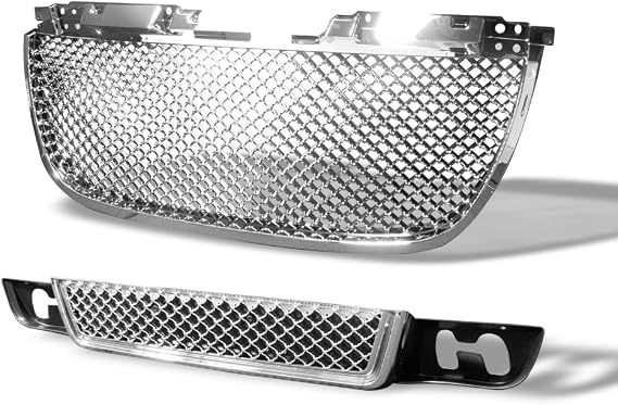 Chrome Mesh Front Upper Hood Grill + Lower Bumper Grille Guard ABS Compatible With 07-14 GMC Yukon/XL/Denali