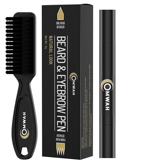 OMWAH Beard and Eyebrow Pencil Filler for Man, Water Proof Beard Pen, Beard Brush, Long Lasting Natural Finish (Dark Brown)