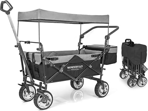 WONDERFOLD S4 Push & Pull Folding Utility Cart with Brakes, Removable Canopy, Telescopic Pull Handle & Adjustable Push Handle, 150 lb Capacity, Black
