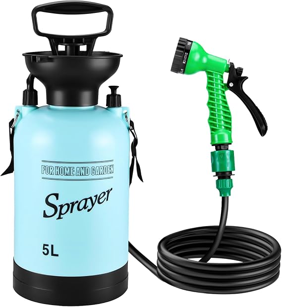 Vevitts Portable Pressure Sprayer Shower 5L for Camping with 7 Spray Modes, Hand Press Camping Shower with Hose and Shower Head, Hiking Traveling