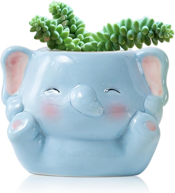 DIYOMR Cute Animals Planter, Mini Ceramic Cartoon Animal Shaped Succulent Flower Pot Indoor Air Plants Holder, Smooth Shiny Decorative Flower Cactus Planter - Plants Not Included (Baby Elephant)