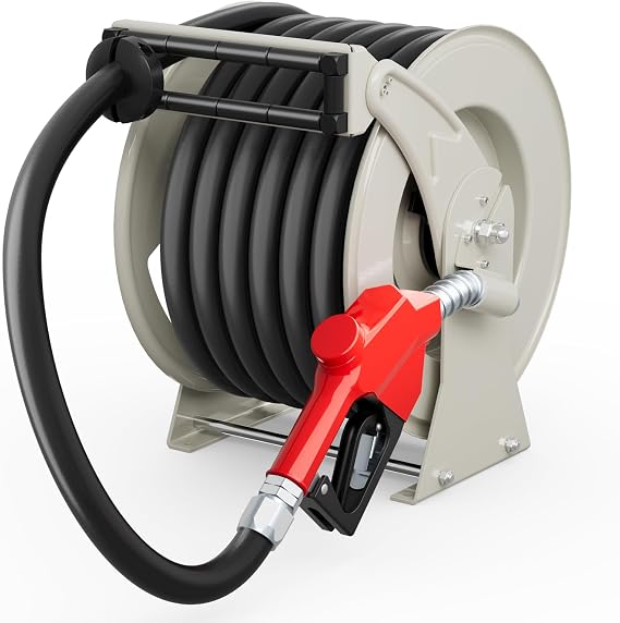Diesel Fuel Hose Reel 1 Inch x 33ft with Fueling Nozzle, Fuel Hose Reel 300PSI Retractable Industrial Heavy Duty Swivel Steel Construction Reel for Ship Vehicle Tank Truck Trailer Cart