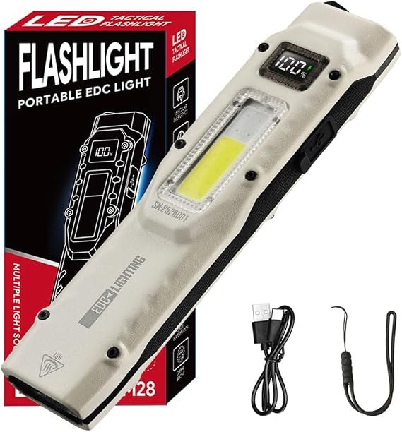 EDC Tactical Flashlight, Flat Flashlights Rechargeable,Dual-Switches LED Small Flashlight with Digital Display,Stainless Steel 13 Modes Pocket Flash Light for Home, Camping,and Emergency Use(Beige)