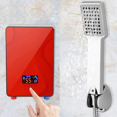 Electric Tankless Water Heater, 220V 6500W Instant Water Heater with Shower Head, IPX4 Water-Proof Level 3s Instant Hot 30-55C Water Heater for Kitchen Washing Bathroom Shower, Red