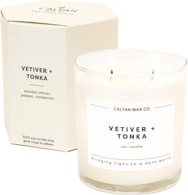 Calyan Wax Co. Vetiver & Tonka 2 Wick Scented Candle - 37 Hour Burn - Luxury Non Toxic Soy Wax Candles - Long Lasting Large Glass Jar Candle for Home - 8.8oz