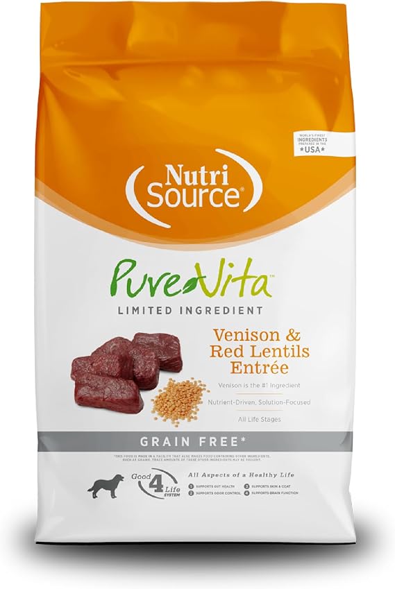 NutriSource Pure Vita Limited Ingredient Grain Free Dry Dog Food, Venison and Red Lentils, 12LB