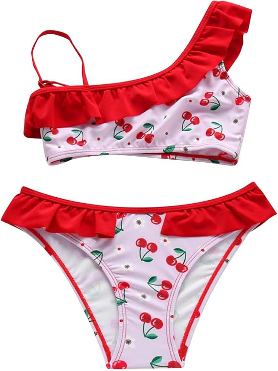 Toddler Girls Cherry Print Swimsuit Two Piece Beach Swimwear for Kids One Shoulder Ruffled Trim Tops High Waist Bottoms