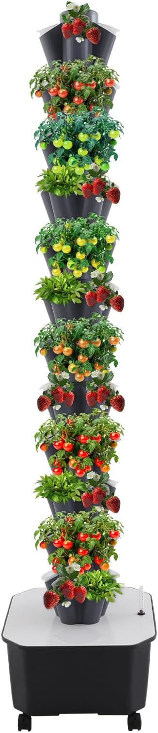 60 Holes Hydroponic Tower 12 Tier Tower Growing System Kit Hydroponic Growing System with Hydration Pump Garden Hydroponic Tower with 25 L Water Tank Suitable for Fruit Vegetables (Grey)