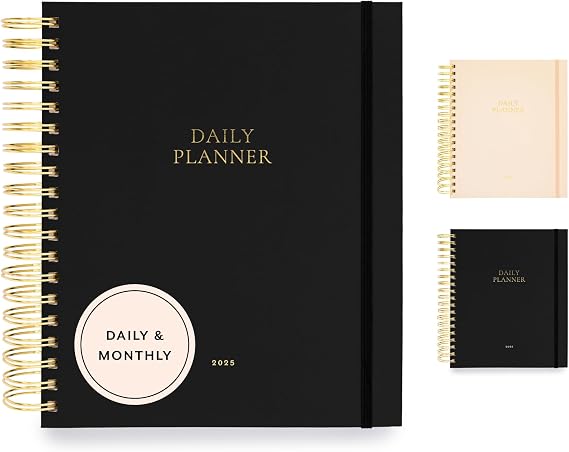 Sugar Paper 2025 Daily Spiral Planner, January to December, 7.75" x 9.75", Hourly Format Calendar for Women, Matte Paper Cover, Spiral Bound, Pocket for Storage, 12 Month, Black