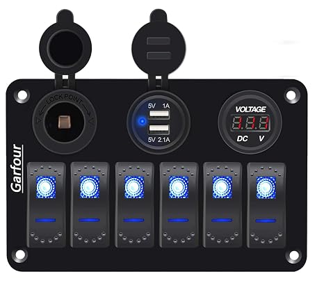 6 Gang Marine Switch Panel - Waterproof Boat Rocker Switch Panel with 3.1A USB, Voltmeter & 12V Blue LED for Boats, Trucks, RVs, UTVs