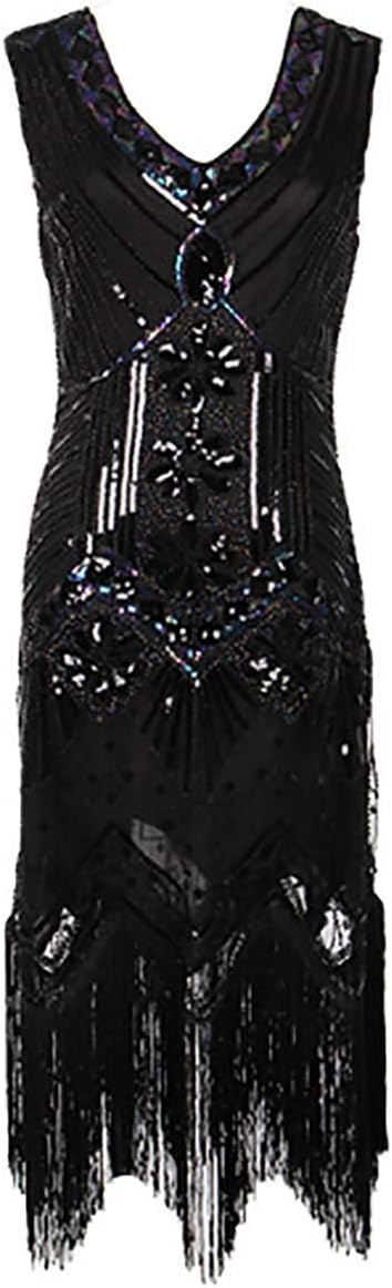 Women 1920 s Vintage Great Gatsby Dress Sequins Dress V-Neck Tassels Bodycon Beaded Party Dress Flapper Dresses Art Deco Double (XL, Black)