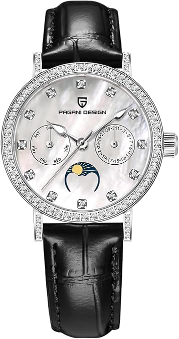 Quartz Women's Watches Luxury Leather Straps Waterproof Wrist Watch for Women, Ladies Wristwatch, Synthetic Sapphire, Auto Date, Moon Phase, Week Display
