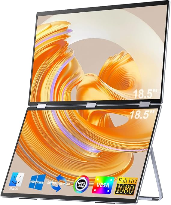 UPERFECT Delta 18.5" Portable Monitor for Laptop Screen Extender FHD 1080P Dual Monitor with Stand & VESA 360 Folding Travel Monitor Stacked Triple Monitor for Laptop PC
