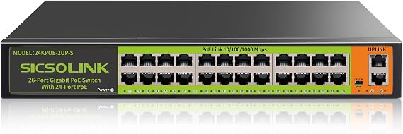 24 Port Full Gigabit PoE+ Switch, 2 Gigabit Network Uplink, 400W, Unmanaged, Fanless Silent Operation, 802.3af/at, 19''Rackmount, Qos, Suitable for POE Camera, AP, PC