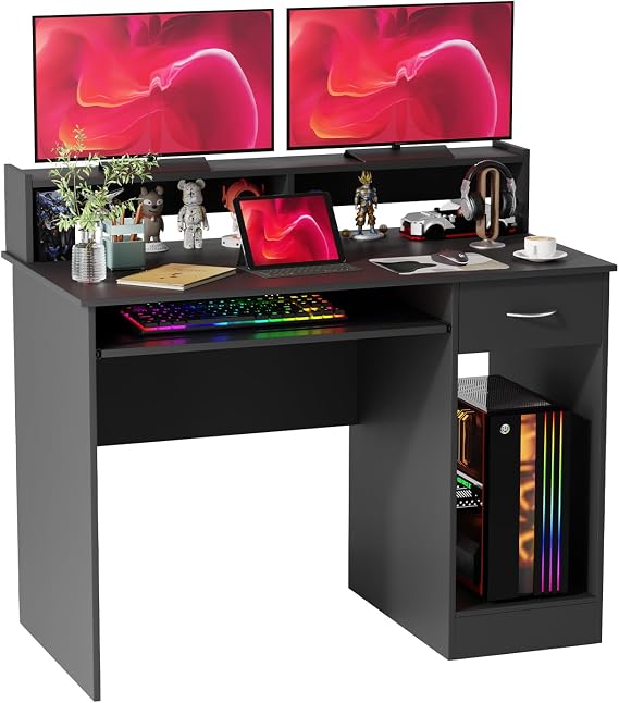 PayLessHere 43 Inch Computer Desk with Drawers Hutch & Storage Shelves Modern Office Writing Desk with Desktop Organizer for Study, Workstation or Gaming, Black